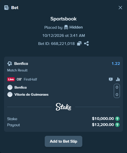 Bet slip: Benfica - Vitoria Guimaraes, $10,010.00 stake at 1.22 odds, placed by Bodrum665