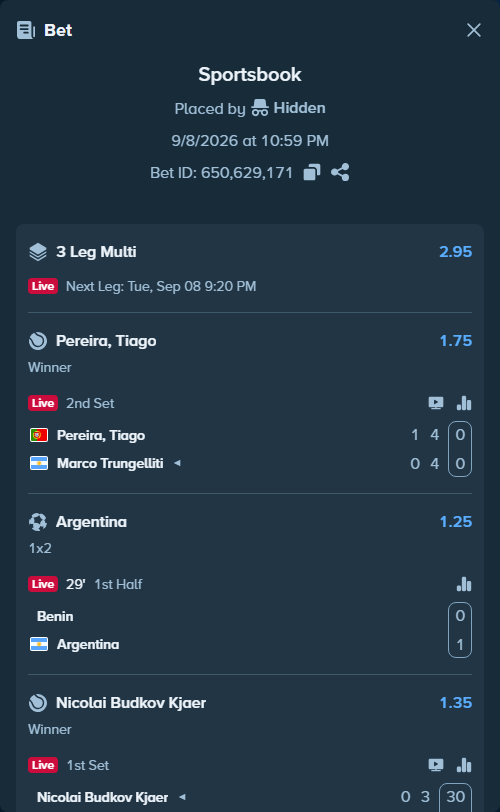 Bet slip: Benin - Argentina, $25,000.00 stake at 1.25 odds, placed by Hidden