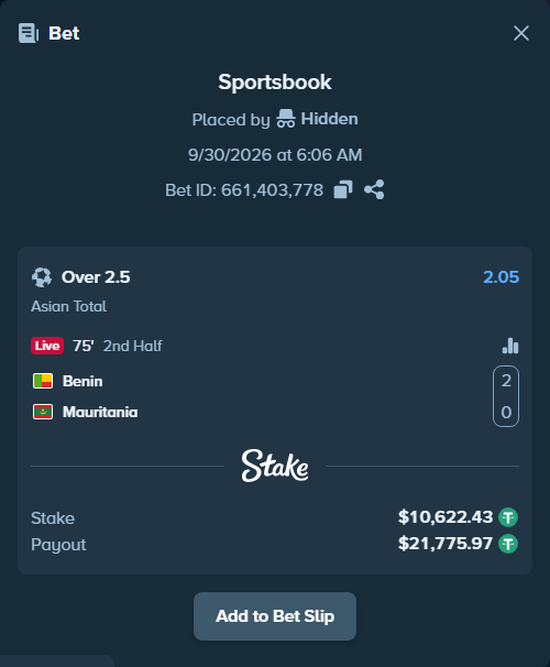 Bet slip: Benin - Mauritania, $10,622.43 stake at 2.05 odds, placed by Hidden