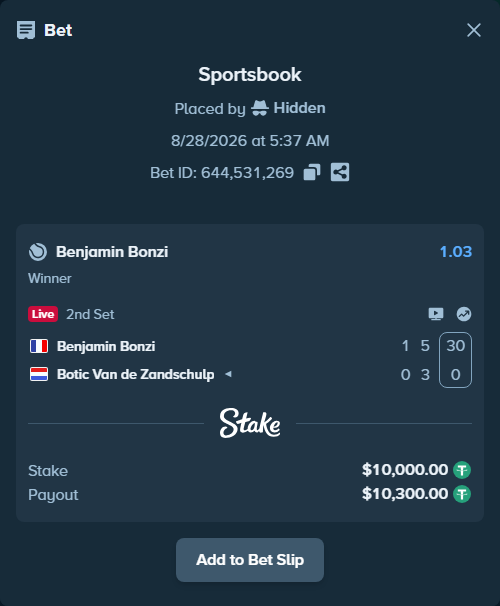Bet slip: Benjamin Bonzi - Botic Van de Zandschulp, $10,000.00 stake at 1.03 odds, placed by Hidden
