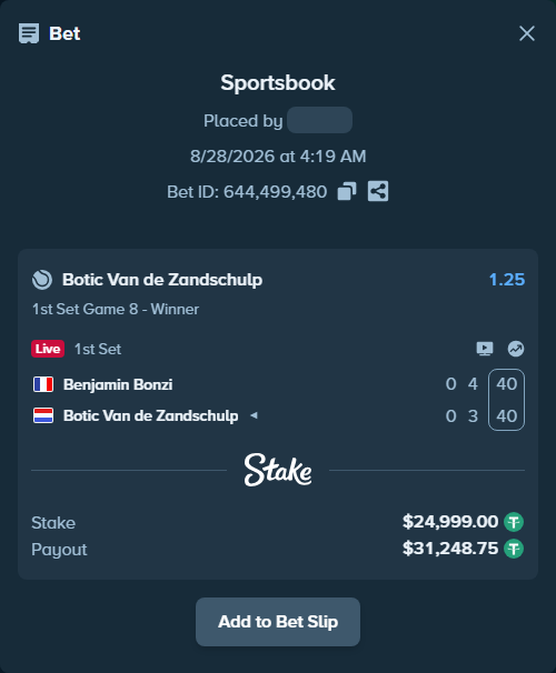Bet slip: Benjamin Bonzi - Botic Van de Zandschulp, $24,999.00 stake at 1.25 odds, placed by DooDLeZ1love