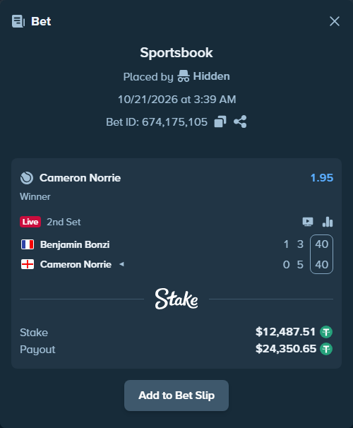 Bet slip: Benjamin Bonzi - Cameron Norrie, $12,500.00 stake at 1.95 odds, placed by Hidden