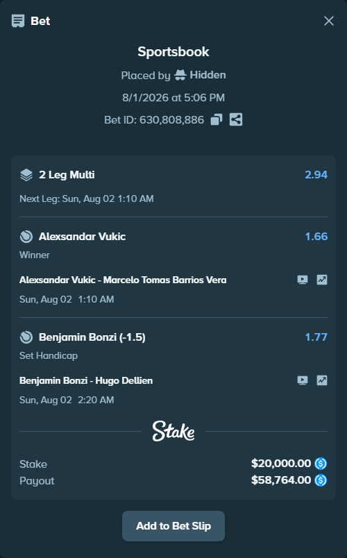 Bet slip: Benjamin Bonzi - Hugo Dellien, $20,000.00 stake at 1.77 odds, placed by Hidden