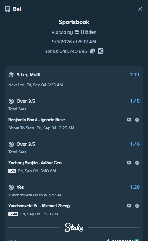 Bet slip: Benjamin Bonzi - Ignacio Buse, $30,000.00 stake at 1.45 odds, placed by Hidden