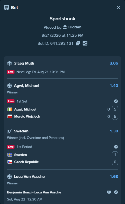 Bet slip: Benjamin Bonzi - Luca Van Assche, $20,000.00 stake at 1.68 odds, placed by Hidden