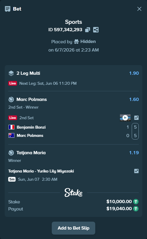 Bet slip: Benjamin Bonzi - Marc Polmans, $10,000.00 stake at 1.60 odds, placed by Hidden