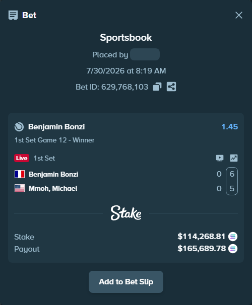 Bet slip: Benjamin Bonzi - Mmoh, Michael, $112,933.24 stake at 1.45 odds, placed by Prettylfacko98