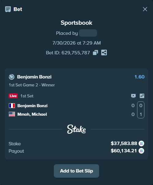 Bet slip: Benjamin Bonzi - Mmoh, Michael, $37,445.03 stake at 1.60 odds, placed by Prettylfacko98