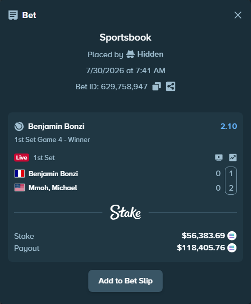 Bet slip: Benjamin Bonzi - Mmoh, Michael, $56,175.40 stake at 2.10 odds, placed by Prettylfacko98