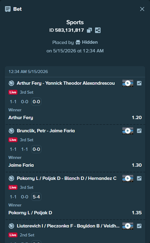 Bet slip: Benjamin Bonzi - Tallon Griekspoor, $15,000.00 stake at 1.25 odds, placed by Hidden