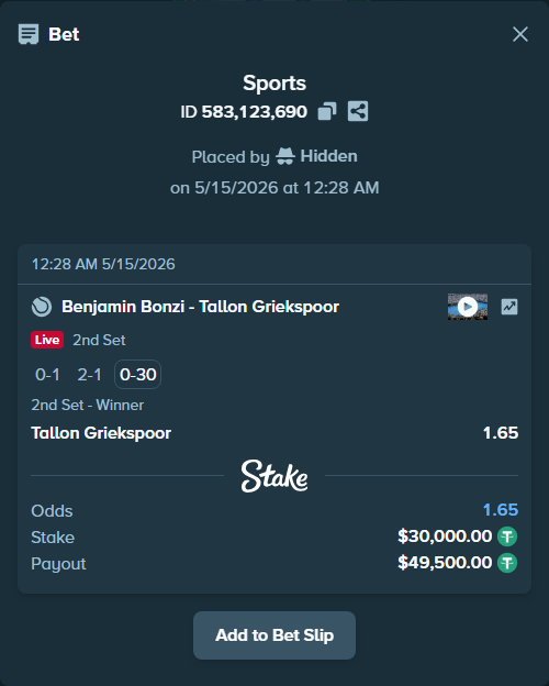 Bet slip: Benjamin Bonzi - Tallon Griekspoor, $30,000.00 stake at 1.65 odds, placed by Hidden