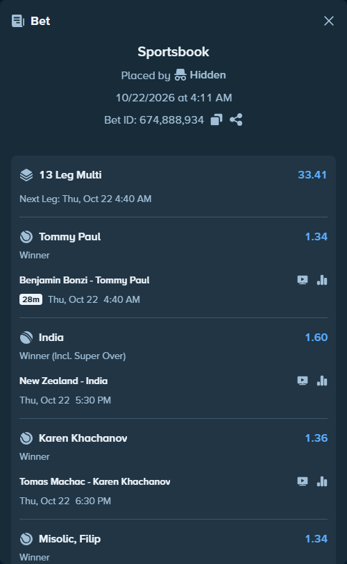 Bet slip: Benjamin Bonzi - Tommy Paul, $26,197.00 stake at 1.34 odds, placed by Hidden