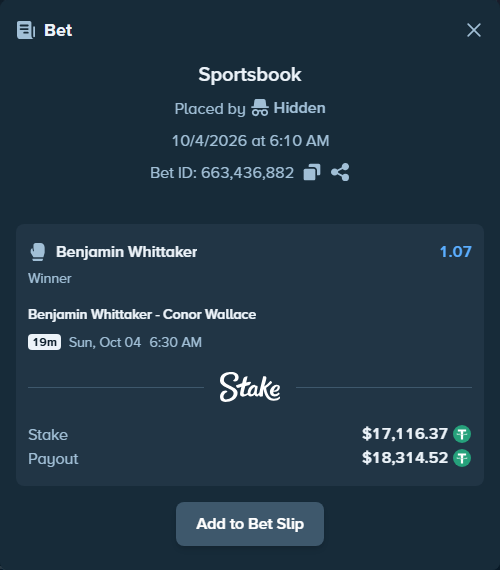 Bet slip: Benjamin Whittaker - Conor Wallace, $17,116.37 stake at 1.07 odds, placed by korehato