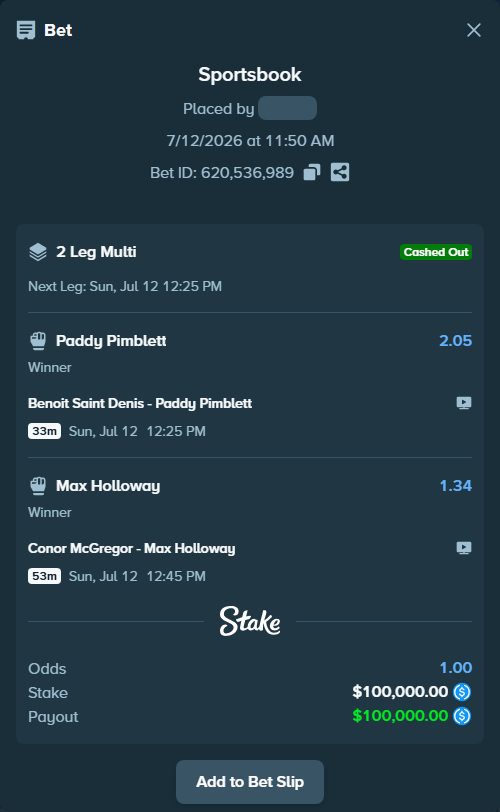 Bet slip: Benoit Saint Denis - Paddy Pimblett, $100,000.00 stake at 2.05 odds, placed by Cabrzy