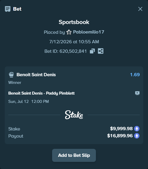 Bet slip: Benoit Saint Denis - Paddy Pimblett, $10,610.16 stake at 1.69 odds, placed by Pabloemilio17