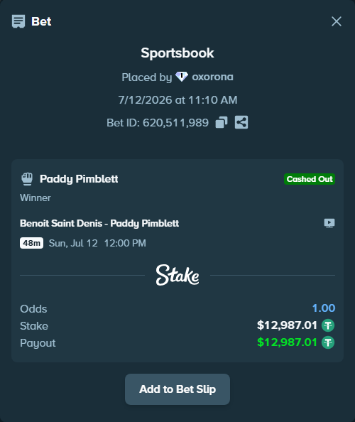 Bet slip: Benoit Saint Denis - Paddy Pimblett, $13,000.00 stake at 2.13 odds, placed by oxorona