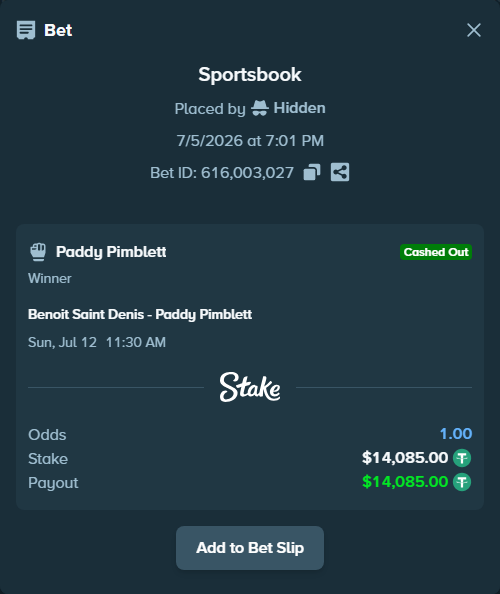 Bet slip: Benoit Saint Denis - Paddy Pimblett, $14,099.09 stake at 2.18 odds, placed by Hidden