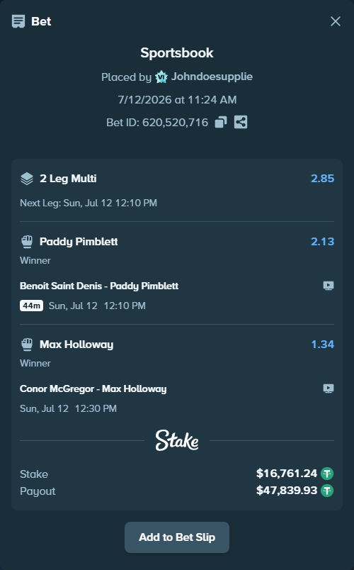 Bet slip: Benoit Saint Denis - Paddy Pimblett, $16,778.00 stake at 2.13 odds, placed by Johndoesupplie