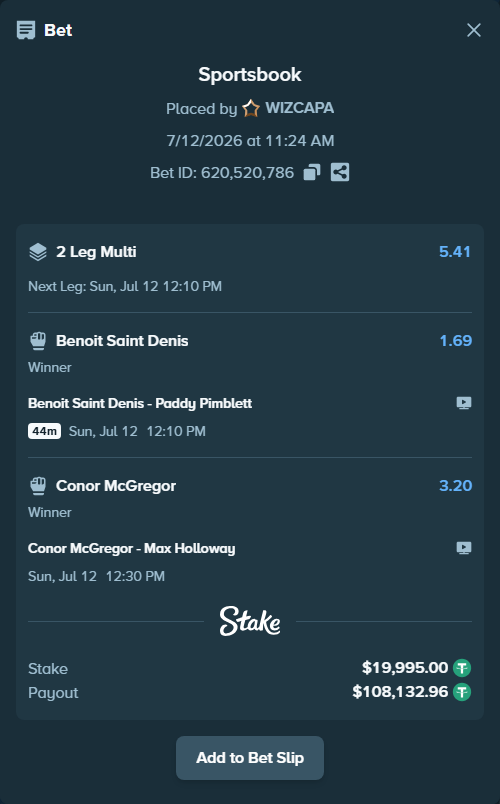 Bet slip: Benoit Saint Denis - Paddy Pimblett, $20,014.99 stake at 1.69 odds, placed by WIZCAPA