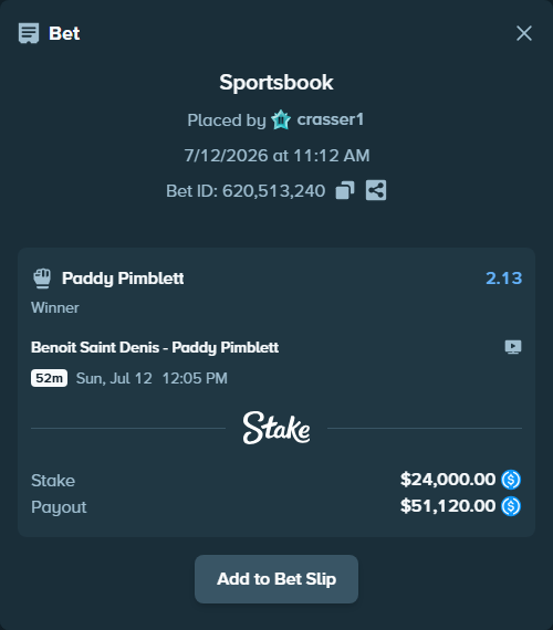 Bet slip: Benoit Saint Denis - Paddy Pimblett, $24,000.00 stake at 2.13 odds, placed by crasser1