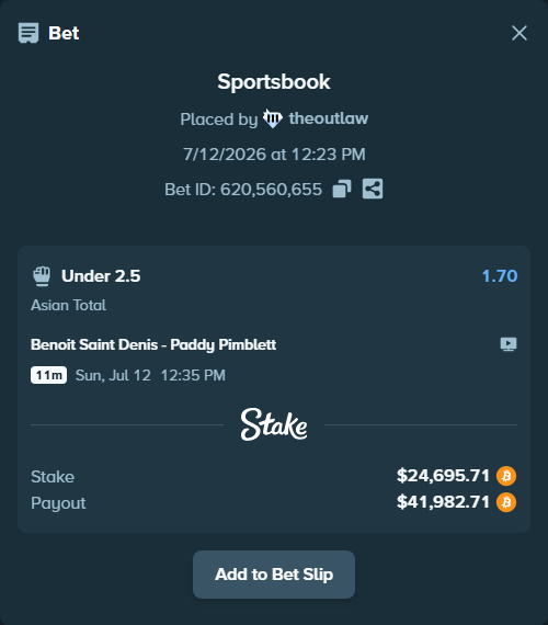 Bet slip: Benoit Saint Denis - Paddy Pimblett, $24,796.91 stake at 1.70 odds, placed by theoutlaw
