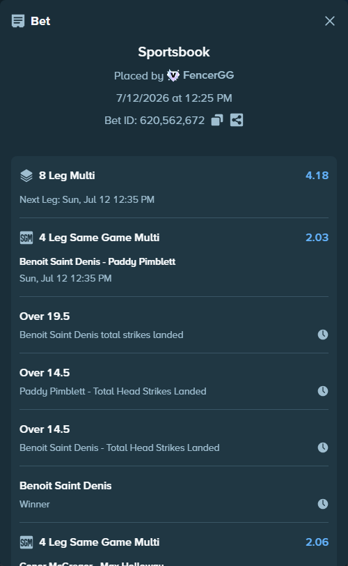 Bet slip: Benoit Saint Denis - Paddy Pimblett, $25,000.00 stake at 1.01 odds, placed by FencerGG