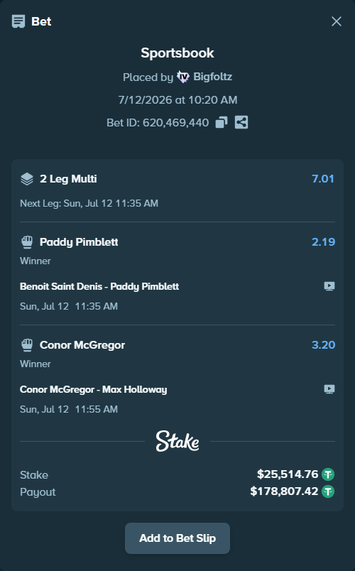 Bet slip: Benoit Saint Denis - Paddy Pimblett, $25,540.27 stake at 2.19 odds, placed by Bigfoltz