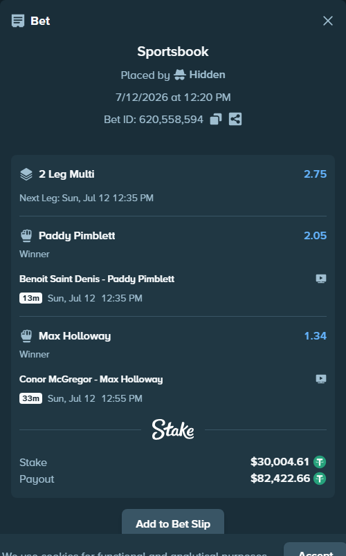 Bet slip: Benoit Saint Denis - Paddy Pimblett, $30,034.61 stake at 2.05 odds, placed by Rosspicks