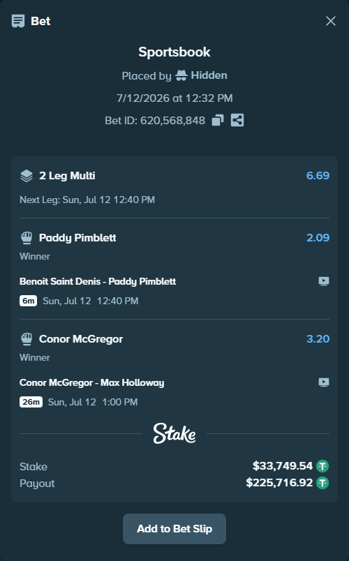 Bet slip: Benoit Saint Denis - Paddy Pimblett, $33,783.29 stake at 2.09 odds, placed by Hidden