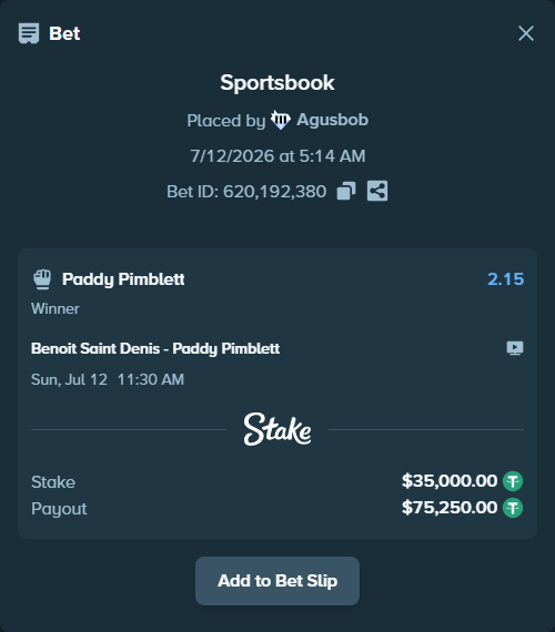 Bet slip: Benoit Saint Denis - Paddy Pimblett, $35,035.00 stake at 2.15 odds, placed by Agusbob
