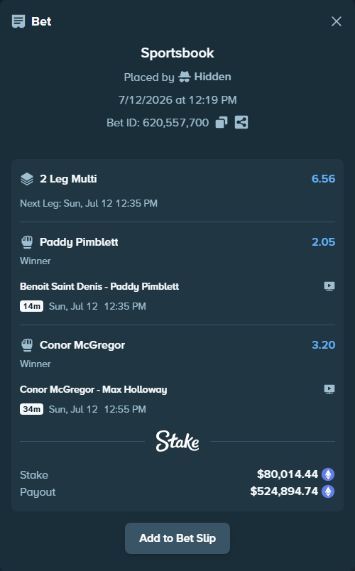 Bet slip: Benoit Saint Denis - Paddy Pimblett, $84,333.58 stake at 2.05 odds, placed by Hidden