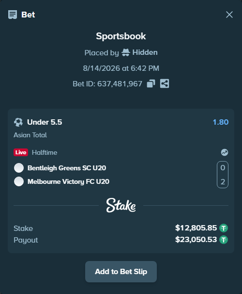 Bet slip: Bentleigh Greens SC U20 - Melbourne Victory FC, $12,818.66 stake at 1.80 odds, placed by Hidden