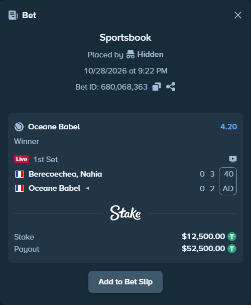 Bet slip: Berecoechea, Nahia - Oceane Babel, $12,512.50 stake at 4.20 odds, placed by Hidden