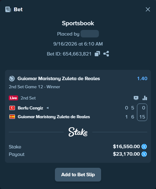 Bet slip: Berfu Cengiz - Guiomar Maristany Zuleta de Reales, $16,550.00 stake at 1.40 odds, placed by kuwkuw