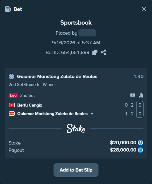 Bet slip: Berfu Cengiz - Guiomar Maristany Zuleta de Reales, $20,000.00 stake at 1.40 odds, placed by kuwkuw