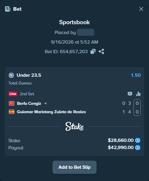 Bet slip: Berfu Cengiz - Guiomar Maristany Zuleta de Reales, $28,660.00 stake at 1.50 odds, placed by kuwkuw