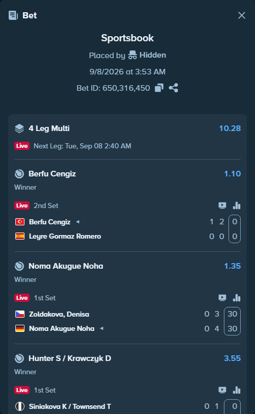 Bet slip: Berfu Cengiz - Leyre Gormaz Romero, $10,000.00 stake at 1.10 odds, placed by Hidden