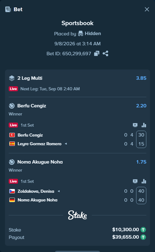Bet slip: Berfu Cengiz - Leyre Gormaz Romero, $10,300.00 stake at 2.20 odds, placed by Hidden