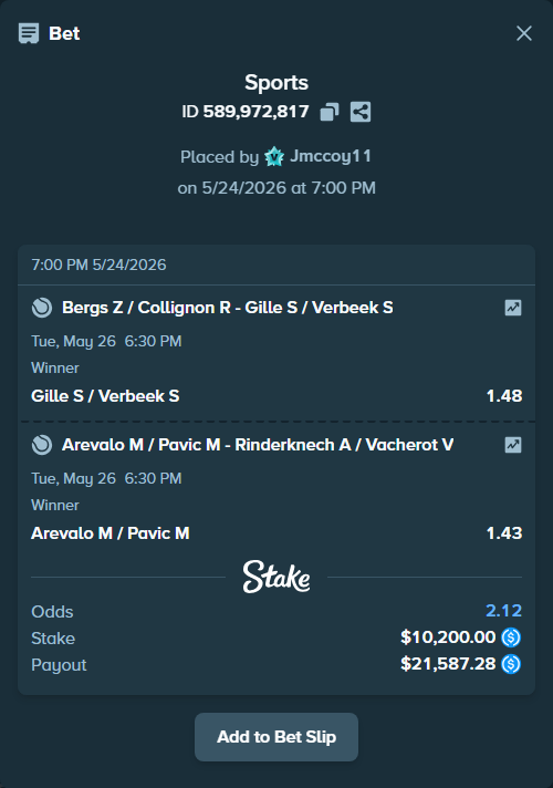 Bet slip: Bergs Z / Collignon R - Gille S / Verbeek S, $10,200.00 stake at 1.48 odds, placed by Jmccoy11