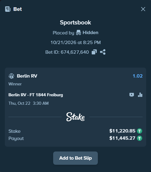 Bet slip: Berlin RV - FT 1844 Freiburg, $11,232.07 stake at 1.02 odds, placed by Memmo83