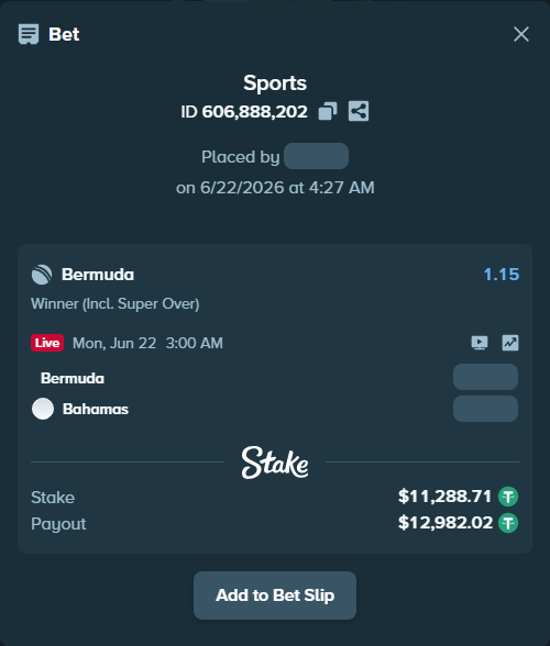 Bet slip: Bermuda - Bahamas, $11,300.00 stake at 1.15 odds, placed by mridul365365