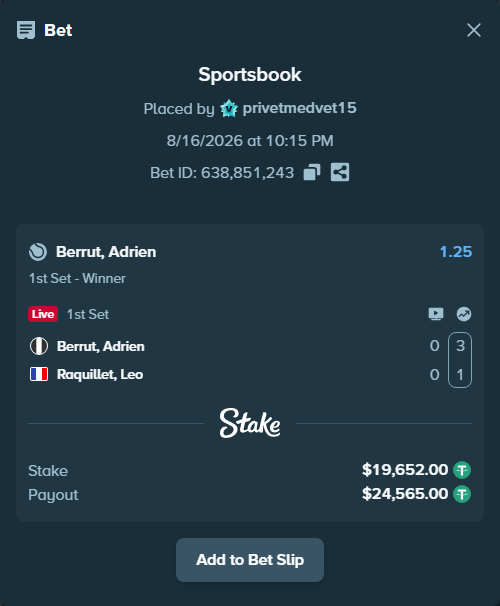 Bet slip: Berrut, Adrien - Raquillet, Leo, $19,671.65 stake at 1.25 odds, placed by privetmedvet15