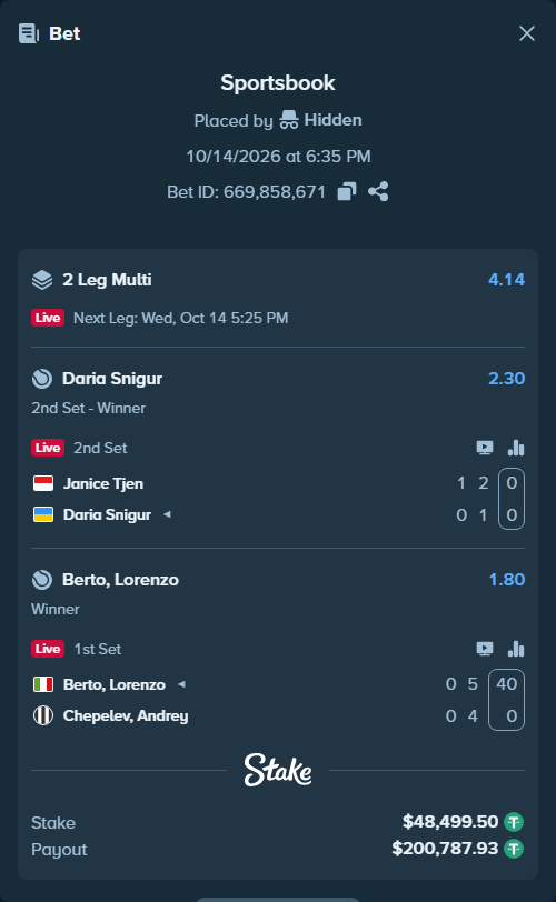 Bet slip: Berto, Lorenzo - Chepelev, Andrey, $48,548.00 stake at 1.80 odds, placed by Hidden