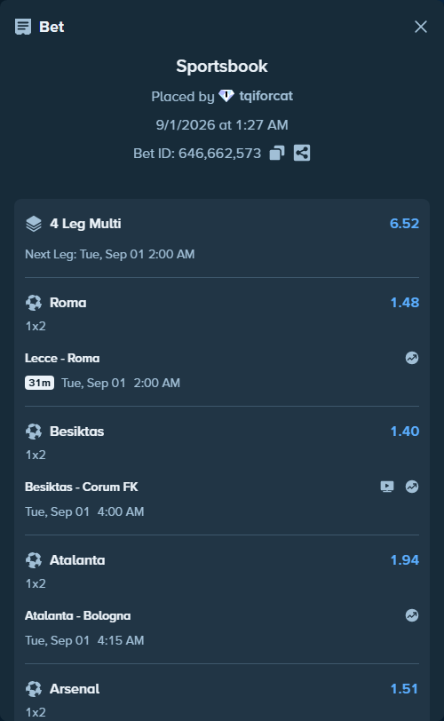 Bet slip: Besiktas - Corum FK, $23,227.97 stake at 1.40 odds, placed by tqiforcat