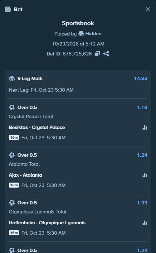 Bet slip: Besiktas - Crystal Palace, $10,000.00 stake at 1.18 odds, placed by Algotinz