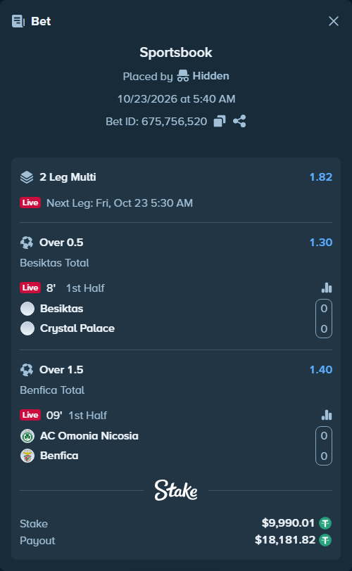 Bet slip: Besiktas - Crystal Palace, $10,000.00 stake at 1.30 odds, placed by roha1292