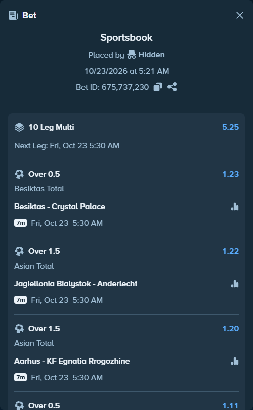 Bet slip: Besiktas - Crystal Palace, $11,136.00 stake at 1.23 odds, placed by Hidden