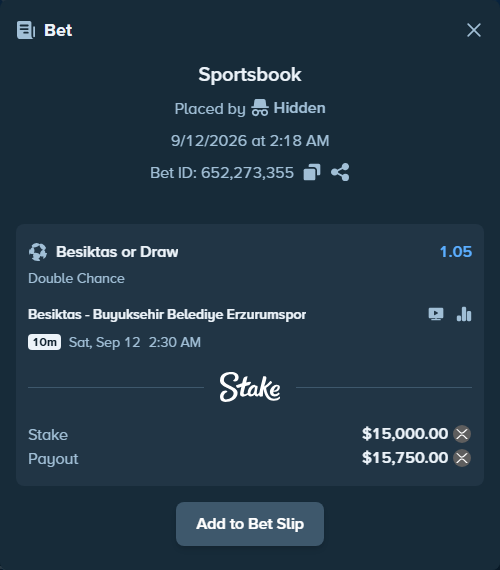 Bet slip: Besiktas - Erzurumspor FK, $14,883.84 stake at 1.05 odds, placed by Hidden
