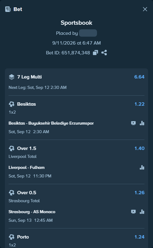 Bet slip: Besiktas - Erzurumspor FK, $15,250.35 stake at 1.22 odds, placed by treimhp