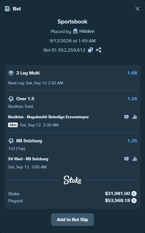 Bet slip: Besiktas - Erzurumspor FK, $32,055.13 stake at 1.34 odds, placed by Hidden